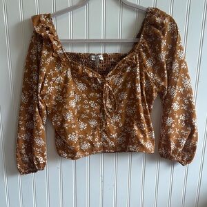 Brown and White Puff Sleeve Crop Blouse with Tie Front